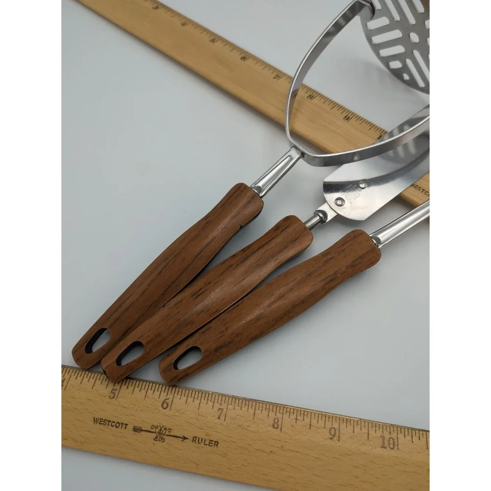 Vtg EKCO Stainless Cooking Utensils Woodgrain Faux Wood‎ Set of 3 Retro USA